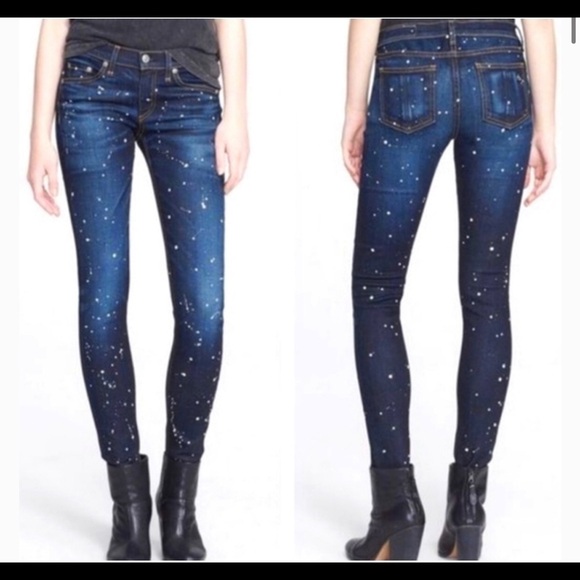 RAG & BONE Blue White Dark Rinse Andfield Splatter Paint Skinny Jeans Size 26 - Picture 2 of 13